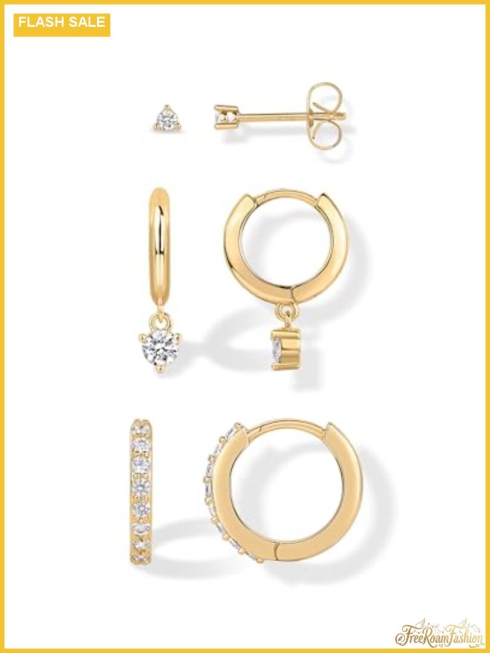 18K Gold Plated 3 Pair Earring Set Stud Huggie CZ Hypoallergenic Gift for Women
